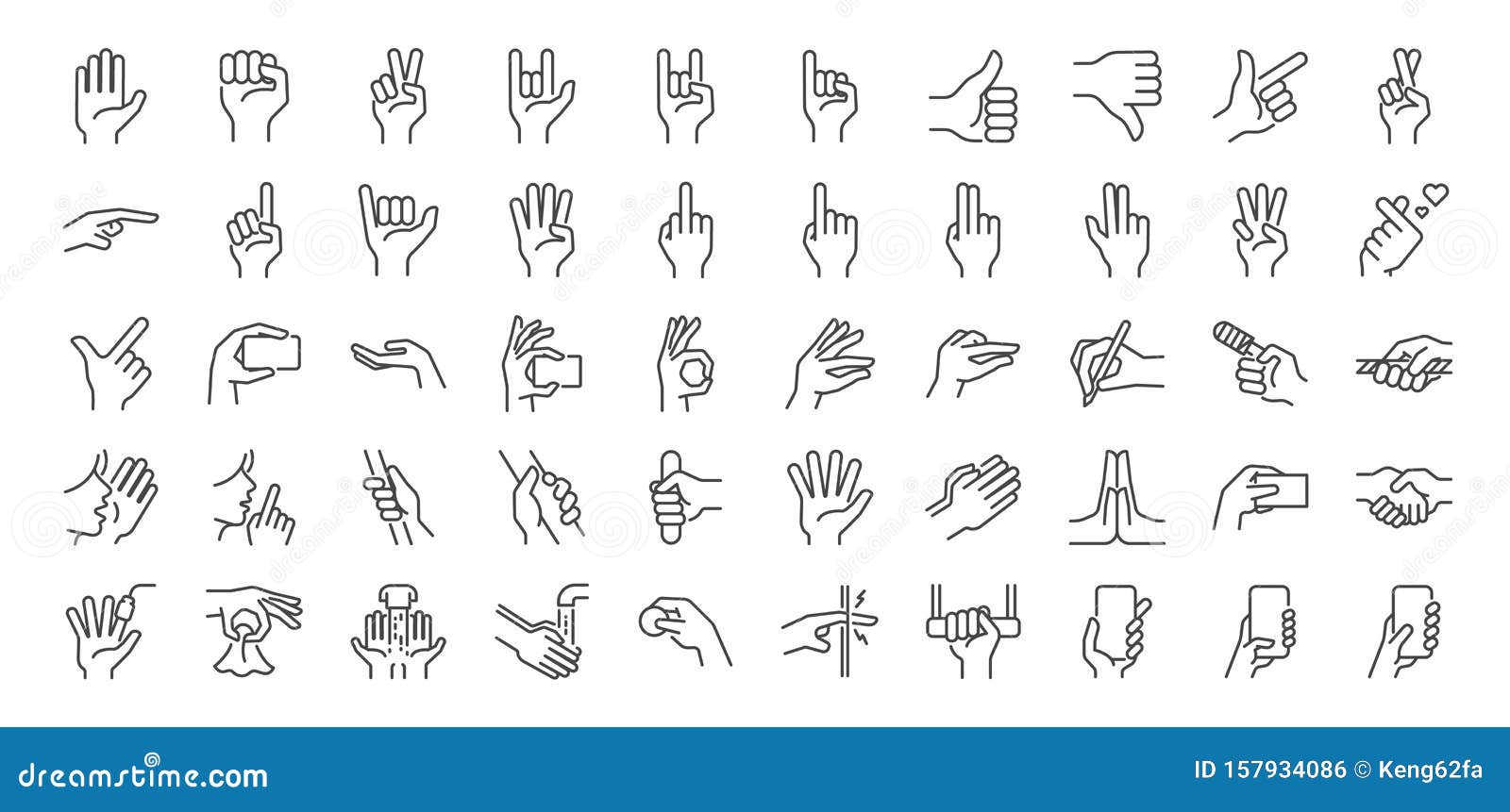 hand gestures line icon set. included icons as fingers interaction, pinky swear,ÃÂ forefinger point, greeting, pinch, hand washing